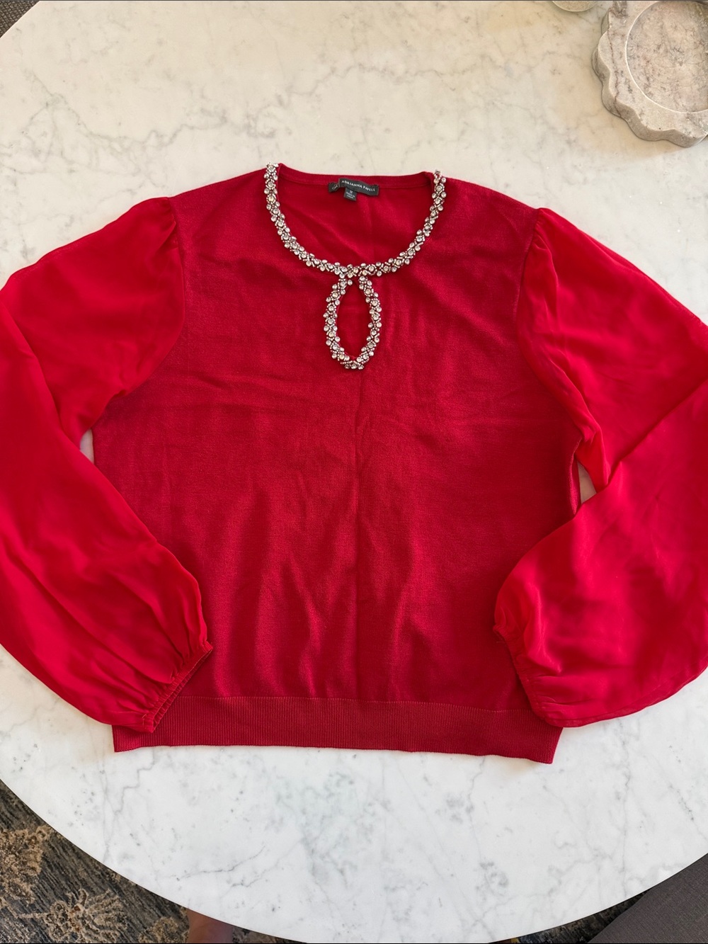 Adrianna Papell Red Embellished Sweater Womens M Beaded Neckline Holiday Top